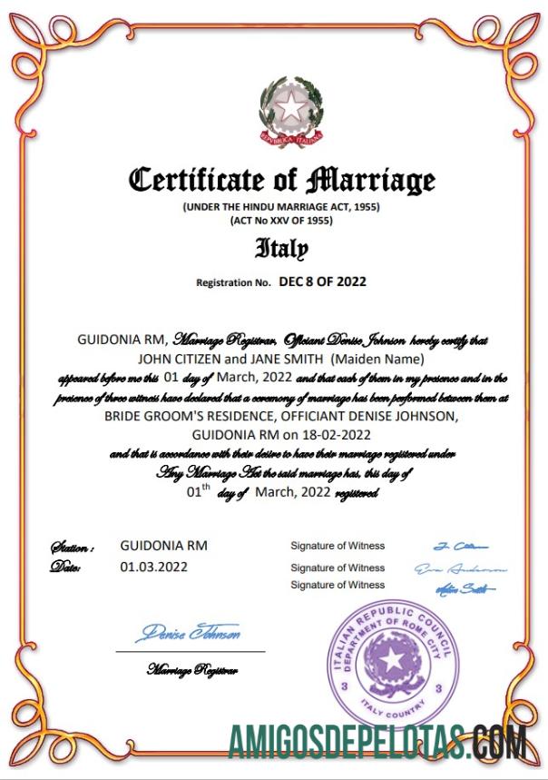 Imprimível modelo Word e PDF de certidão de casamento na Itália